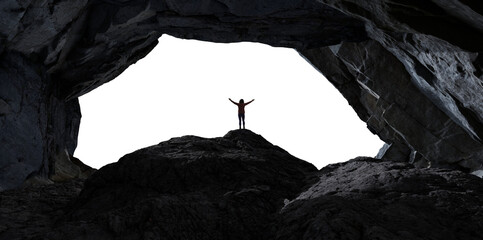 Adventure Hiker Standing on top of Rocky Mountain Cliff. Adventurous Composite. PNG Cutout. Rock Cave