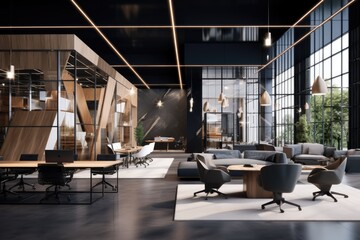 The background depicts a blurry indoor space within an office. The modern workplace appears to have an open design without any dividing partitions, and is embellished with furniture in black, white