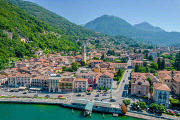 Sticker - Porlezza town, Lugano Lake. Aerial panoramic photo of town in Lugano Lake between Switzerland and Lombardy, Italy