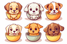 Cute Cartoon Dogs In Bowls Isolated On White Background