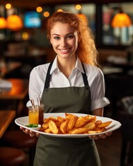 Wall Mural - Young waitress presents a dish with Fish and Chips - food photography