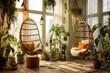 Several hanging plant holders made of macrame are suspended from a metal rod, each containing indoor houseplants and potted plants. To enhance the charm of the snug bohemian room, boho style basket