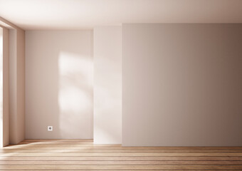Poster - Modern empty room and wall mock up in minimalism style with pastel walls and wooden floor, room with sunlight and leafs shadows, design interior architecture