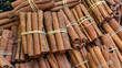 Bunch of cinnamon sticks at Egypt bazaar spice store, Istanbul, Turkey. Oriental cooking and seasoning concept. Selected focus, spices background