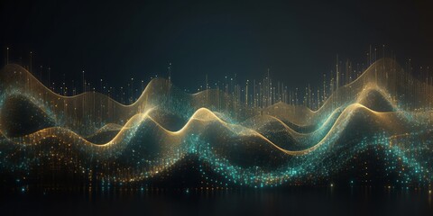 Fototapete - Abstract Graph of Waves in Light Cyan and Gold on Dark Background, Creating a Futuristic Panorama with Bokeh Elements, Infinity Nets, and Confetti-Like Dots