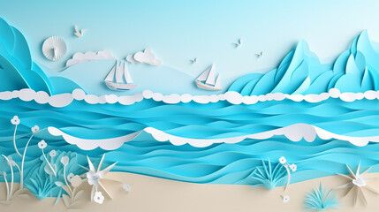  seascape background colorful paper cut, made with generative AI