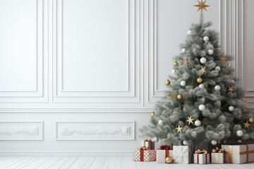 Wall Mural - Minimalistic light Christmas interior, with a white blank empty wall and a decorated Christmas tree on the side. Creative banner greeting card Happy New Year mockup. 