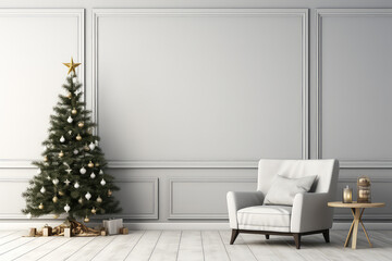 Wall Mural - Minimalistic light Christmas interior, with a white blank empty wall and a decorated Christmas tree on the side. Creative banner greeting card Happy New Year mockup. 