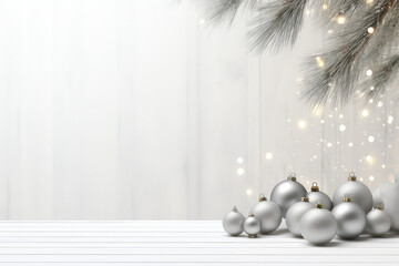 Wall Mural - Minimalistic light Christmas interior, with a white blank empty wall and a decorated Christmas tree on the side. Creative banner greeting card Happy New Year mockup. 