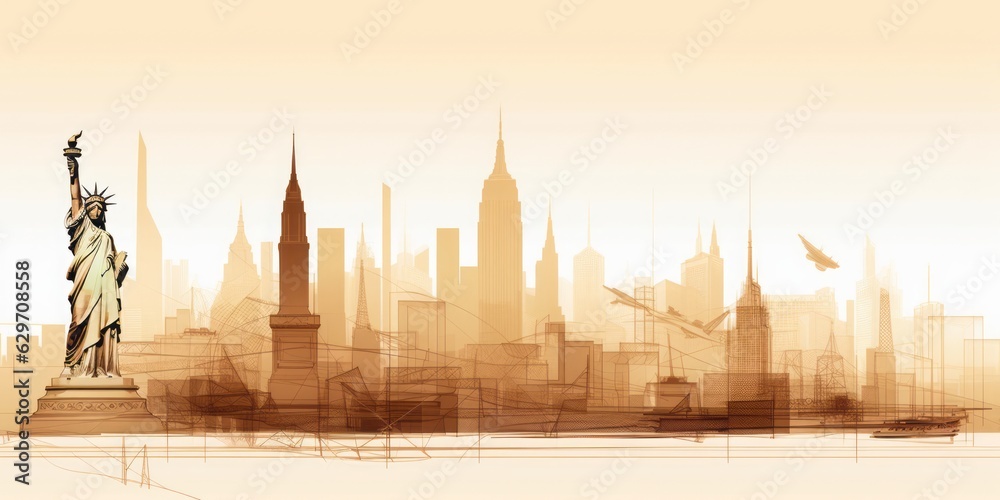 Silhouette of New York City Skyline, Including Statue of Liberty, Times ...