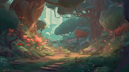 Wall Mural - Dreamy forest. In style of vector illustration. Generative AI