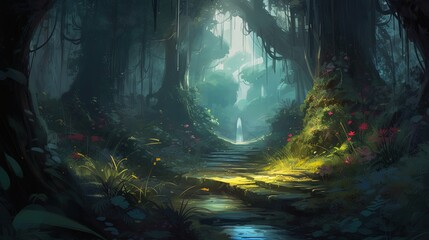 Wall Mural - Dreamy forest. In style of vector illustration. Generative AI