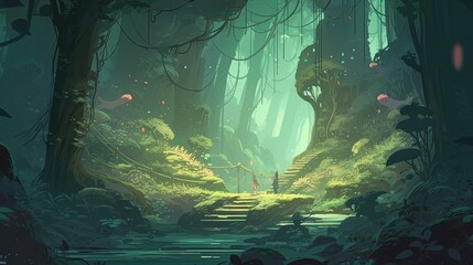 Wall Mural - Dreamy forest. In style of vector illustration. Generative AI