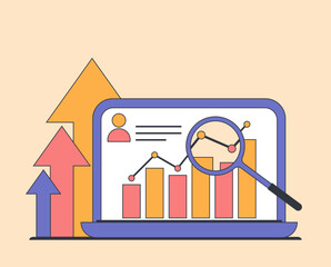 Poster - Laptop with a graph on the screen and a magnifying glass above it. This illustration creates a mood of analysis and growth. Concept Business, finance, statistics, research or study. 