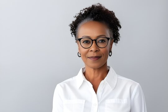 Attractive mature black businesswoman wearing glasses posing looking at the camera on white background