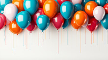  Bunch Of Round Red, Orange And Blue Ballons Framing Copy Space  Against White  Background