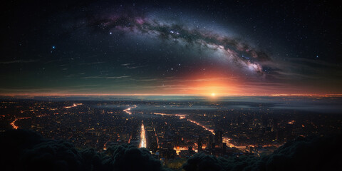 Futuristic city in night lights with galaxy planets in sky, fantasy realistic background. Sunset in futuristic megapolis with space moon on horizon in AI generative