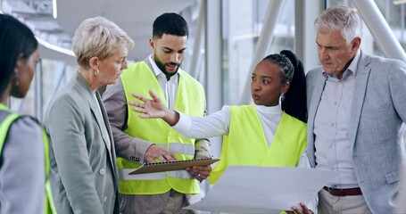 Poster - Architect, group and people with blueprint for construction, planning or meeting strategy in city. Diversity of employees, contractor or engineer in teamwork with floor plan for architecture in town