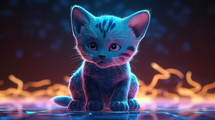 Wall Mural - Cartoon neon kitten. Cat in style of digital art. Generative AI