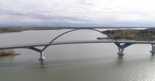 Drone Flight At The Lake Champlain Bridge Between Crown Point, New Yorkn And Chimney Point, Vermont, USA, North America