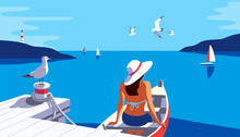 Female In Boat On Pier Enjoy Yacht Sailing Vector Poster. Woman In Sun Hat Cartoon. Summer Seaside Blue Ocean Bay Scenic View Background. Holiday Vacation Sea Tourist Travel Leisure Trip Illustration