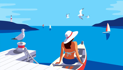 female in boat on pier enjoy yacht sailing vector poster. woman in sun hat cartoon. summer seaside b