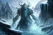 Ice big Foot creature. Ice scary horned God. Glacial ice monster. Generative AI