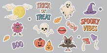 Collection Of Vintage Groovy Halloween Colorful Stikers, Stamp Or Patch.  Vector Set Of Psychedelic Hippie 70s Style Elements And Charac: Mushrooms, Pumpkins,  Ghost, Skull, Bat And Others.