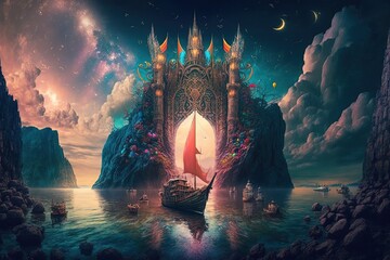 Wall Mural - Surreal landscape wit portal gate at sea. Fantasy landscape. Generative AI
