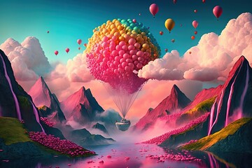 Wall Mural - Surreal landscape with mountains, clouds and air balloon. Fantasy landscape. Surreal air balloon made of balloons. Generative AI