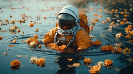 Wall Mural - Astronaut in lake with flowers. Astronaut in spacesuit. Generative AI
