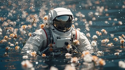 Wall Mural - Astronaut in lake with white flowers. Astronaut in spacesuit. Generative AI
