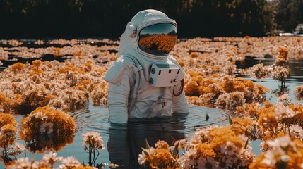 Wall Mural - Astronaut in lake with flowers. Astronaut in spacesuit. Astronaut surrounded with flowers in water. Generative AI
