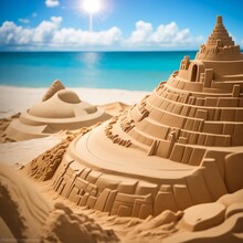 Sand Castle On Beach At Sunset With Sea In Background - Generative AI Illustration