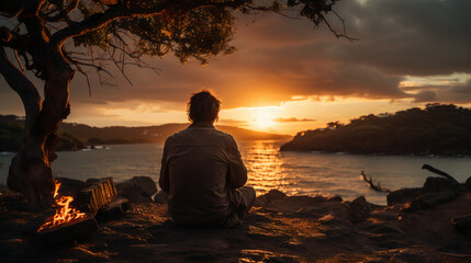 a man looking at the sunset near the see