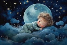 Kids 3d Illustration With Moon And Sleeping Baby. Beautiful Poster For Baby Room Or Bedroom. Childish Greeting Card