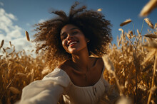 Black Mixed Woman With Red Lips And Afro Smiling In A Corn Field Corn Fall Autumn Harvest