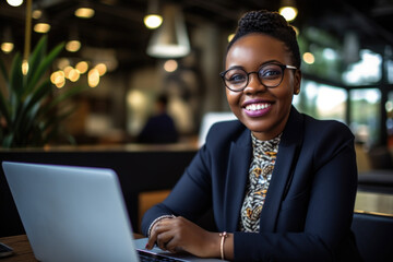 Poster - Black woman professional working on a laptop in an office setting, dressed in formal attire. The focus and expertise on the girl's face, coupled with the clean and modern.