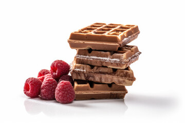 Wall Mural - delicious breakfast or dessert with a stack of chocolate waffles adorned with juicy raspberries, bakery or cafe