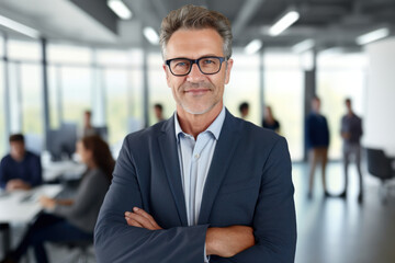 Poster - Smiling mature businessman leader at team meeting, looking at camera in office. CEO wearing glasses, arms folded for business portrait.