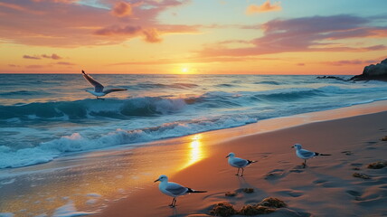 Wall Mural - gold pink beautiful sunset at sea ,water wave ,cloudy sky,dramatic clouds,seagull fly 