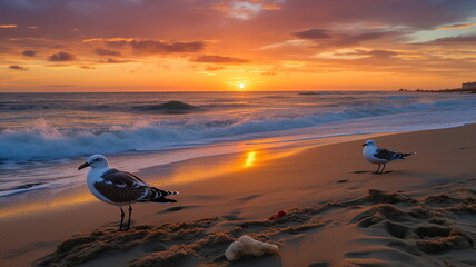 Wall Mural - gold pink beautiful sunset at sea ,water wave ,cloudy sky,dramatic clouds,seagull fly 