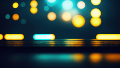 Poster - abstract bokeh lights on wet surface, stage. bright reflections, yellow and blue lights, wet night s