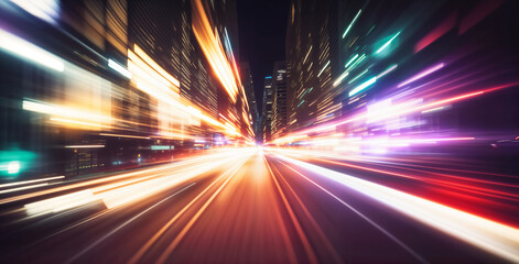 agile interconnection & dynamic urban lights. high-speed light trails of cars in motion blur, repres