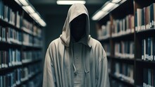 Creepy faceless person wearing gray hoodie standing in library. Generative AI