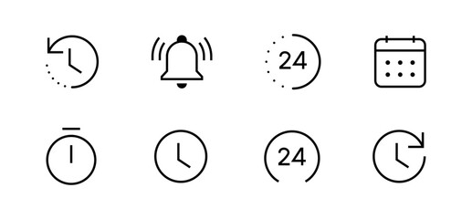 time icon set. clock, calendar, timer line icons . vector time passage and stopwatch, countdown, min