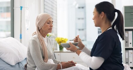 Poster - Cancer, nurse and eating with old woman in hospital for food, medical and support. Healthcare, medicine and rehabilitation with senior patient and caregiver in clinic for nursing, empathy or oncology