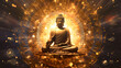 Spiritual background for meditation with buddha statue with galaxy universe background. Meditation on outer space background with glowing chakras