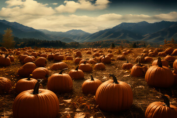 a field of pumpkins. harvesting in autumn. pumpkins for halloween. background, wallpaper. ai generat