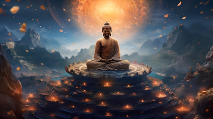 Spiritual background for meditation with buddha statue with galaxy universe background. Meditation on outer space background with glowing chakras